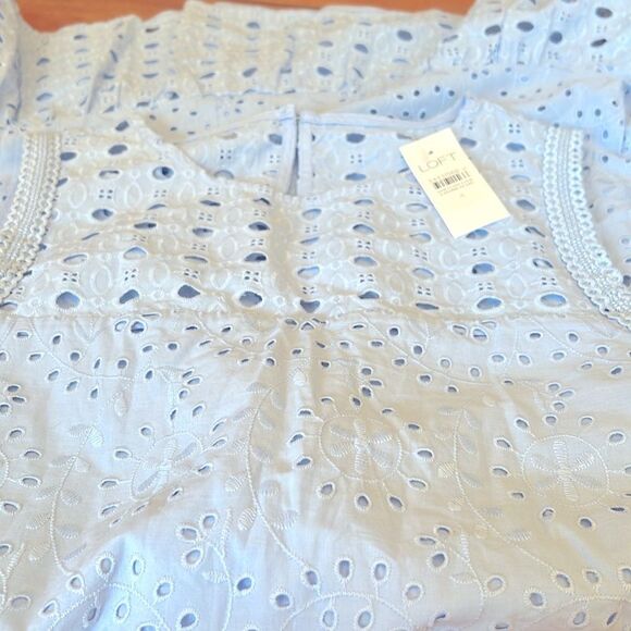 NWT Loft Dress Eyelet Flounce Shift Dress Baby Blue 4 - Picture 5 of 11